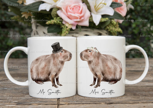 mr and mrs capybara mugs. Bride and Groom. ideal wedding present. engagement or anniversary gift