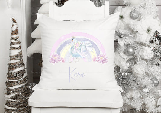 Stunning personalised swan fairytale rainbow cushion