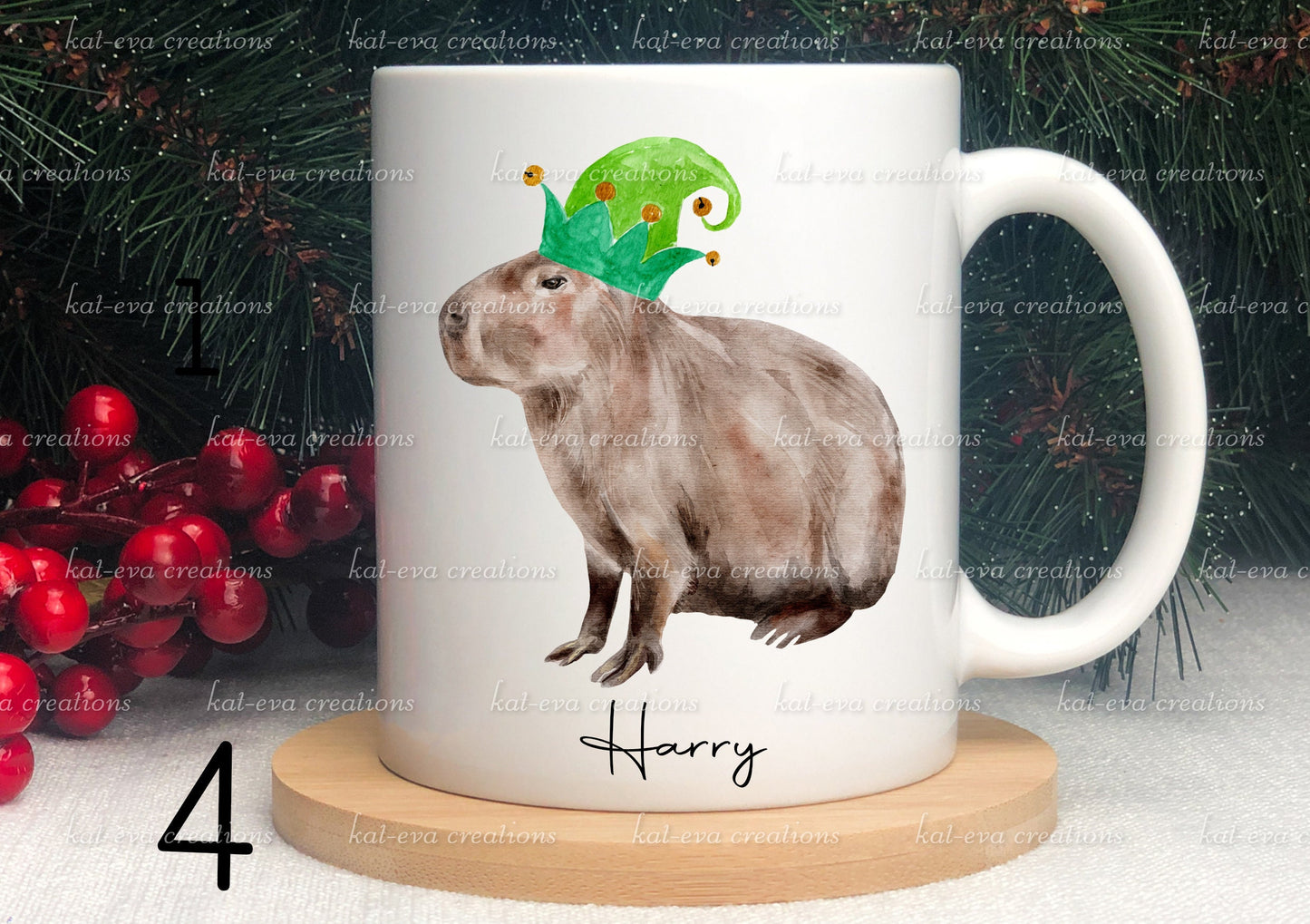 personalised Christmas capybara mug. Elf, Santa Claus, Father Christmas capybara