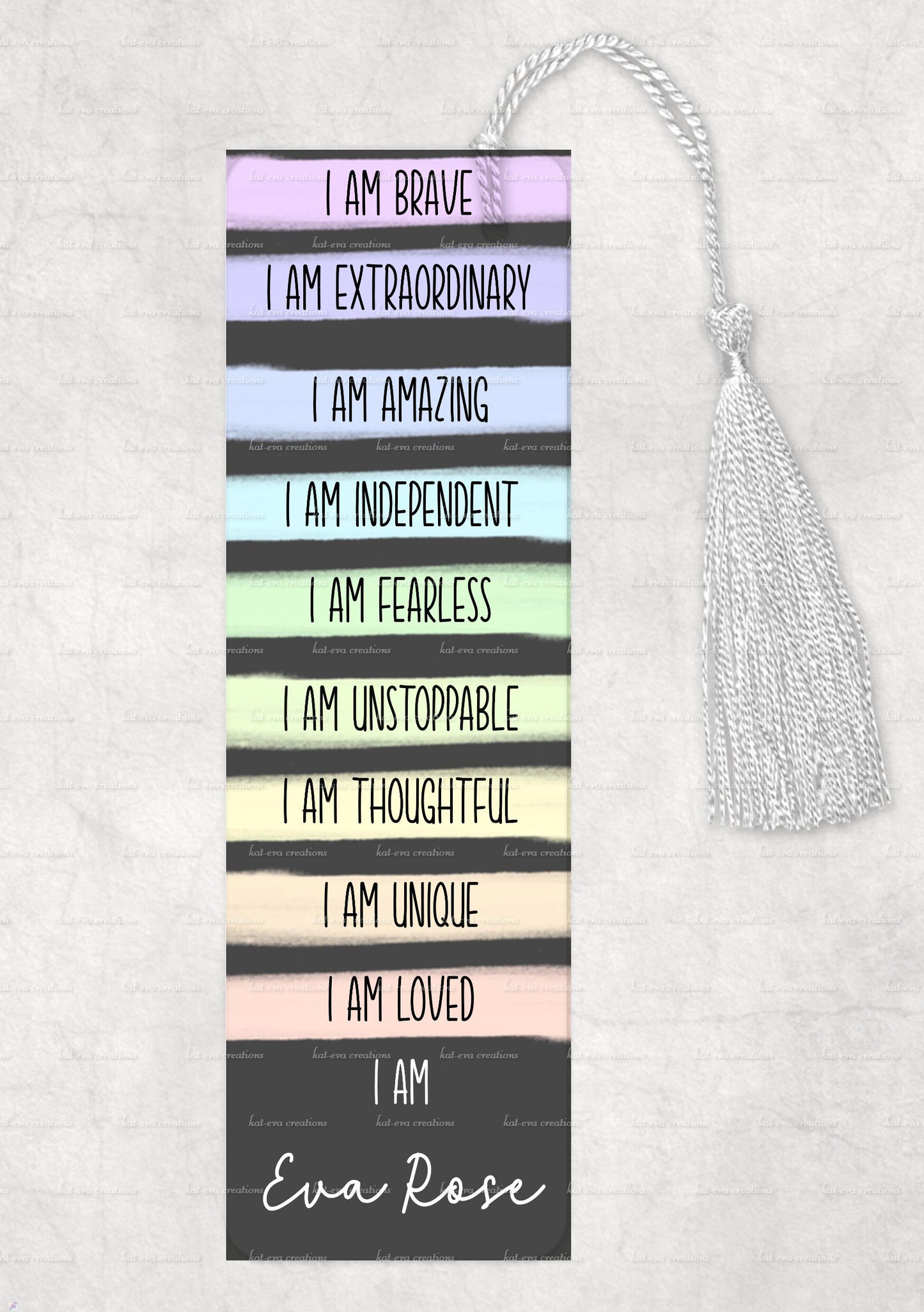 positive affirmation personalised bookmark. positivity, brave, extraordinary, amazing, independent, fearless, thoughtful, unique, loved