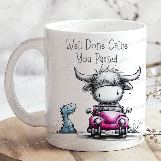 highland cow / coo driving test mug. Birthday or xmas present