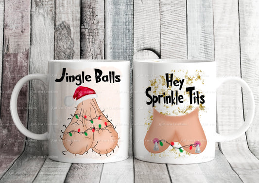 jingle balls, sprinkle tits mugs available individually or as a pair. tinsel tits. secret santa, stocking filler or christmas gift